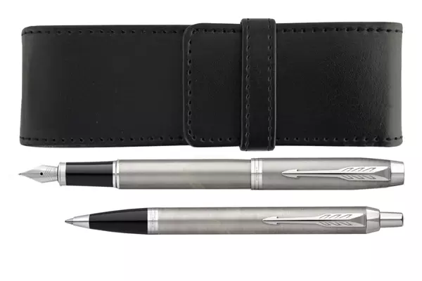 Parker IM Stainless Steel CT Fountain Pen + Ballpoint + Pen Pouch Set